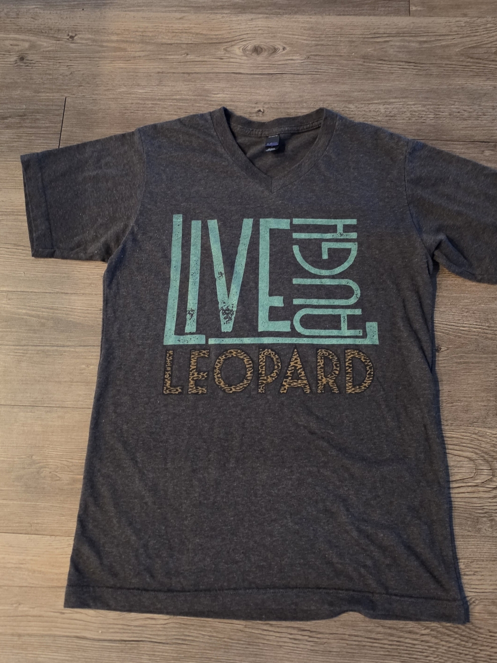Tultex Charcoal Gray Short Sleeve Tee with Teal and Leopard Print Graphic